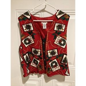 Talbots Vintage Women’s Christmas Vest Waistcoat Size XL Wreaths Trees Hollys
